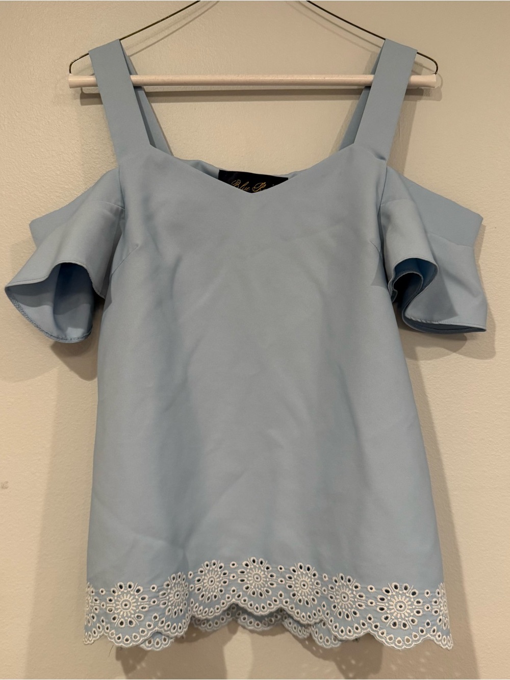 Blue Rain Light Blue Cold-Shoulder Eyelet Hem Blouse